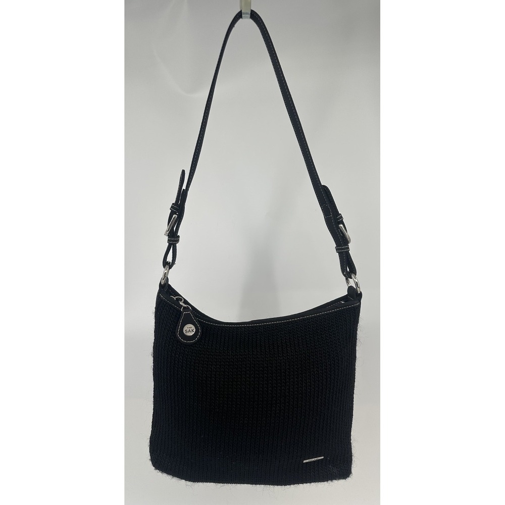The Sak Handbag Purse Black‎ Woven Medium Adjustable Strap Logo Lined Shoulder